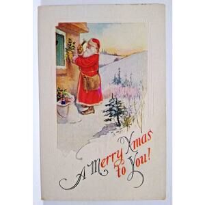 Santa Claus Postcard Christmas Saint Nick Hanging Mistletoe Outside Home Ser 51